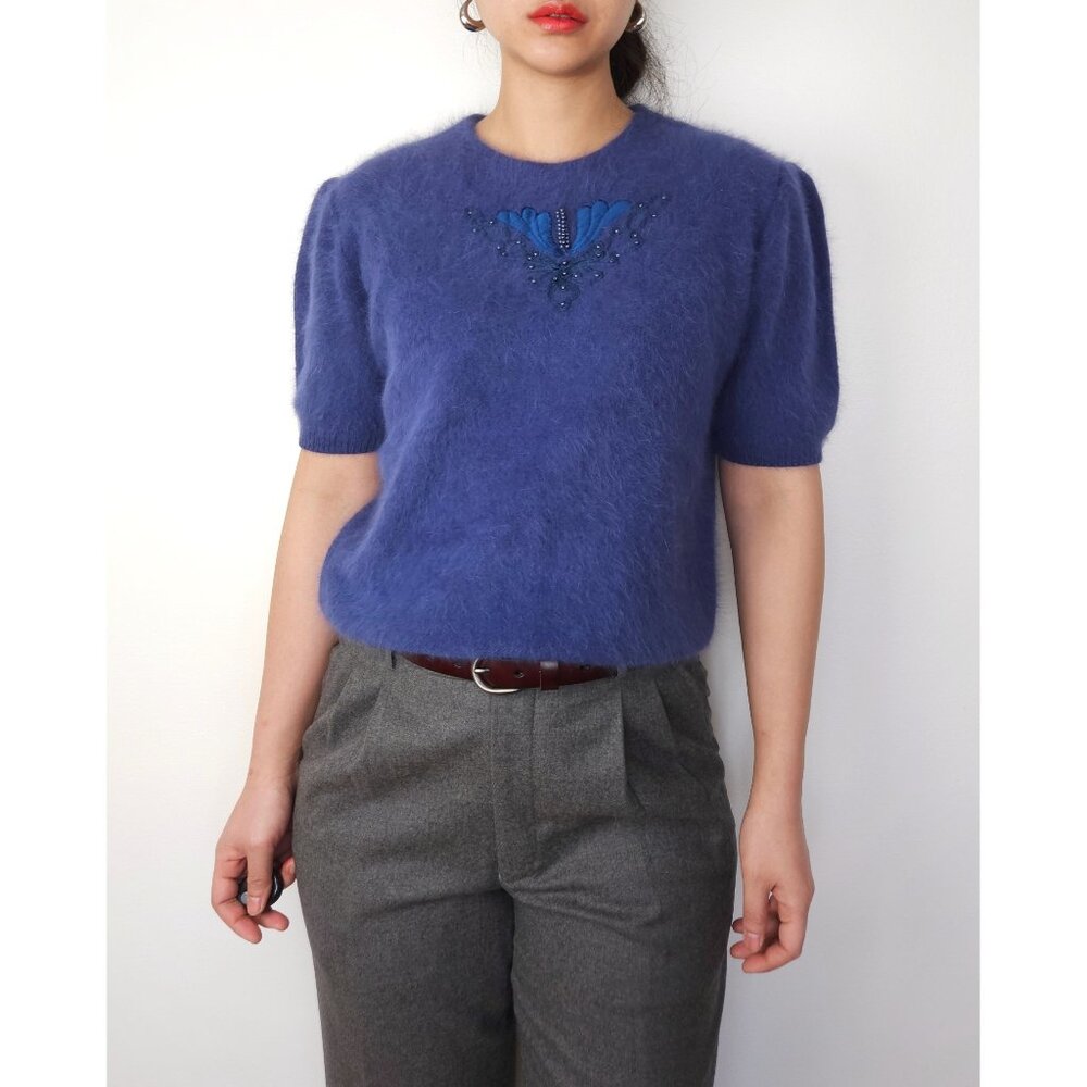 90s vintage fuzzy soft angora wool beaded embroidered short sleeve knit sweater